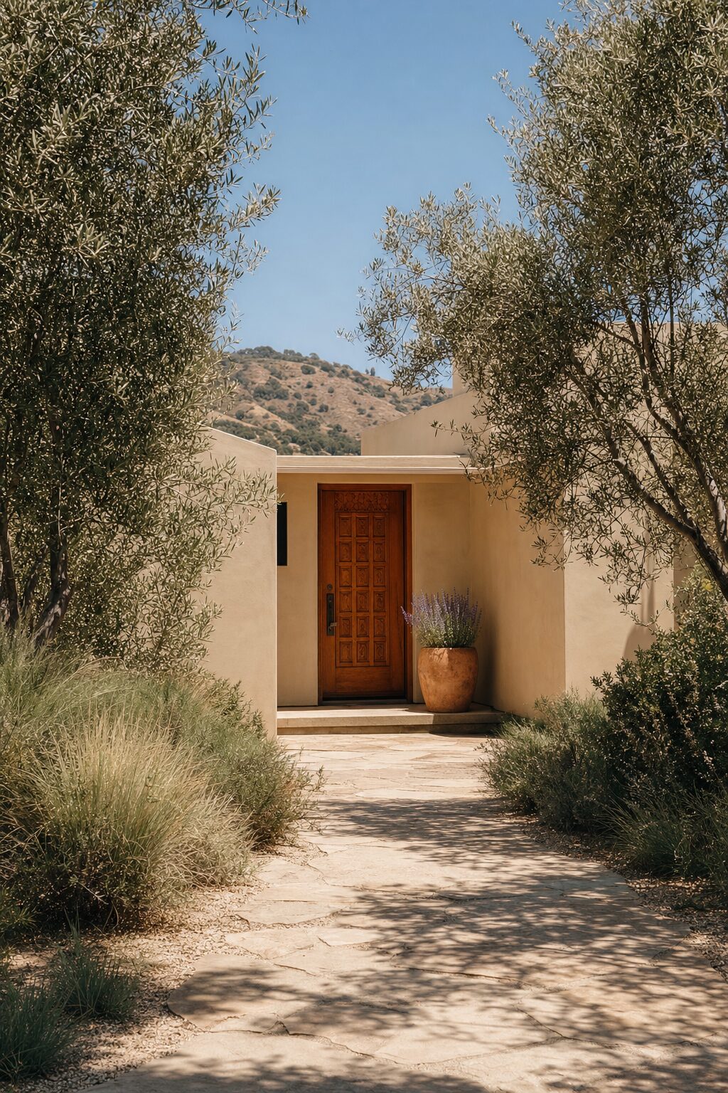 The private canyon-home entrance flanked by olive trees