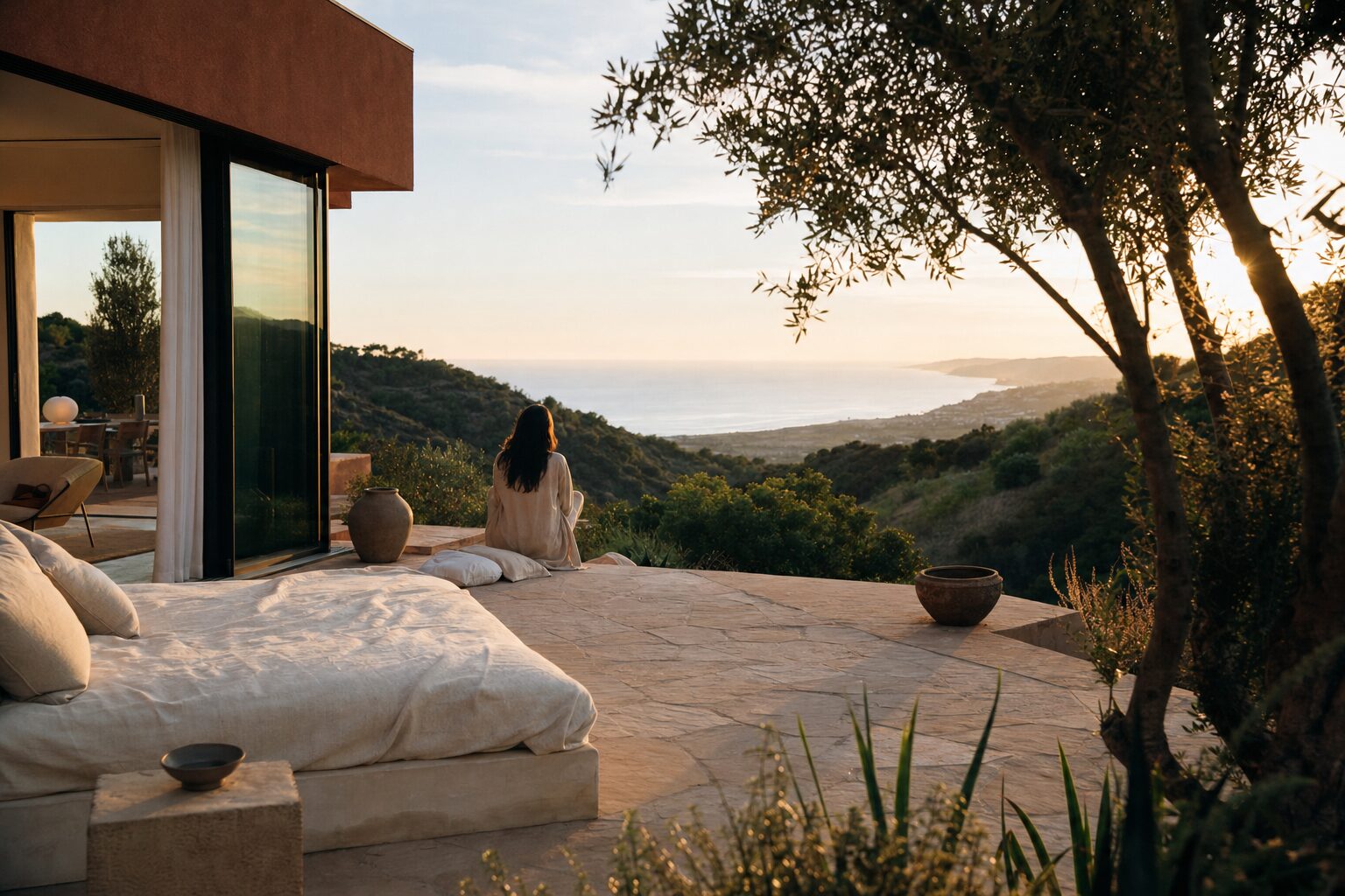Sunlit Malibu canyon home with olive trees and ocean view at golden hour
