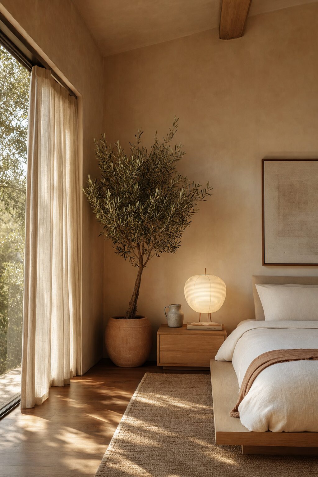 Private guest room with Noguchi lamp, oak nightstand and cream linen bedding